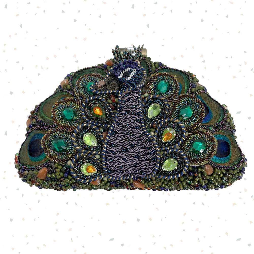 Mary Frances Peacock Beaded Clutch in Green, Blue and Gold
